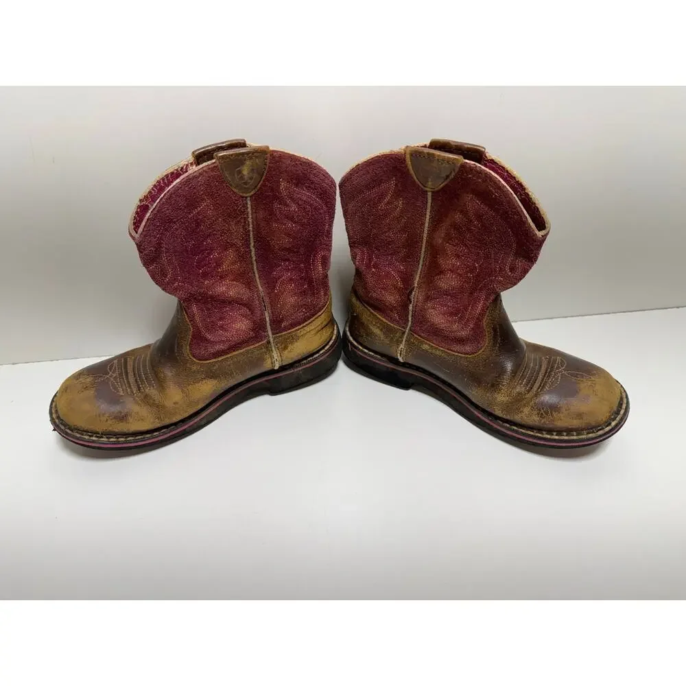 Ariat Brown/Pink Leather Girls Youth Western Boots Sz 13.5 Cowboy